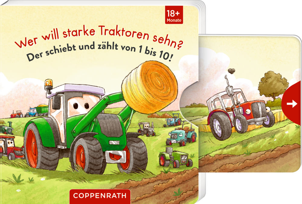 Wer will starke Traktoren sehn? Buchcover mit gezeichneten Traktoren auf einem Feld. Einer hebt Heu.