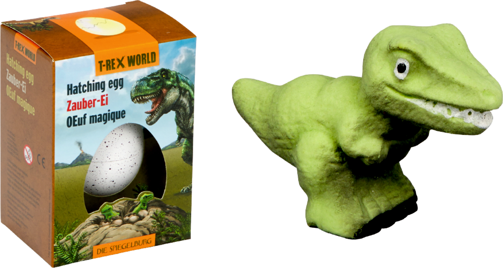 Box mit Aufschrift T-Rex World, darauf ein Spielzeugdinosaurier, ein gesprenkeltes Ei und eine kleine grüne T-Rex Figur.