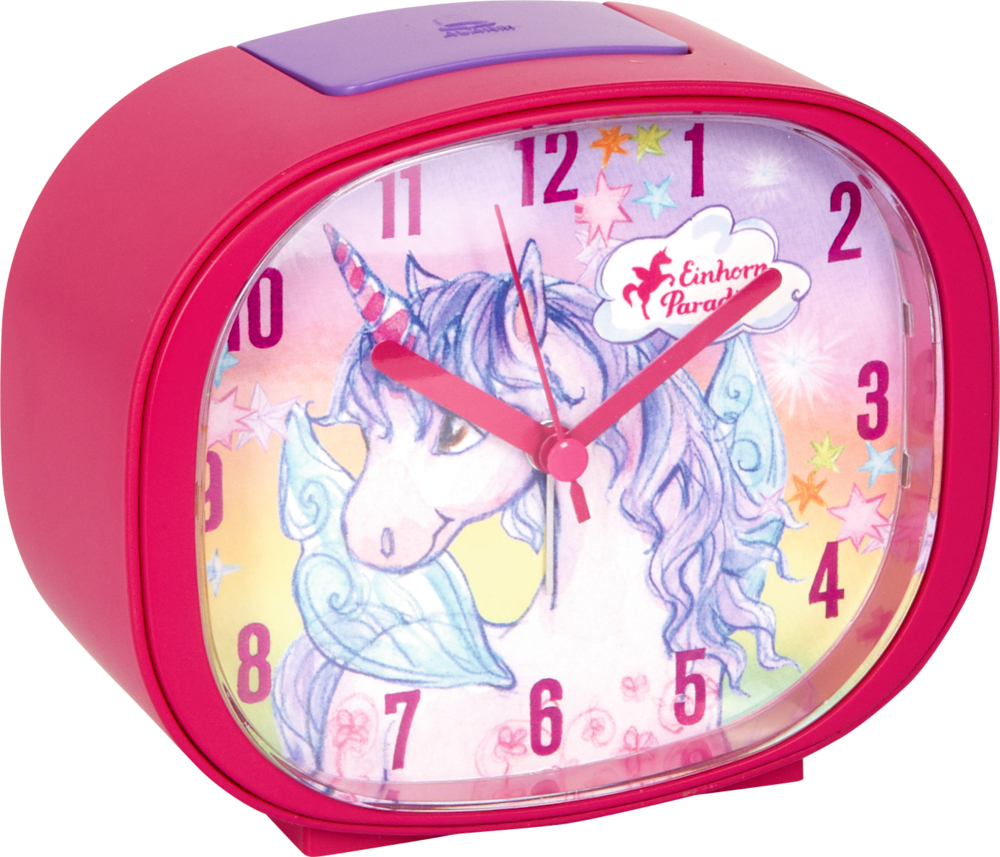 Wecker Einhorn-Paradies Pinkfarbener Wecker mit einer bunten Einhornillustration.