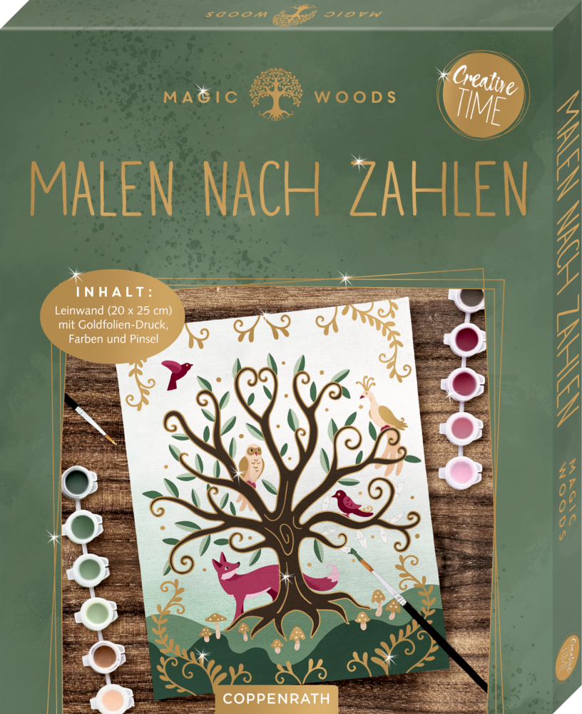 Malen nach Zahlen auf Leinwand: Magic Woods (Creative Time) Malen-nach-Zahlen-Set: Waldtiere, Baum und Farbtöpfe auf dem Cover.