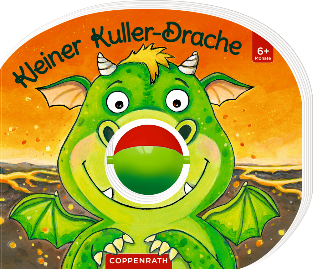Mein erstes Kugelbuch: Kleiner Kuller-Drache Grüner Drache mit Flügeln, Hörnern und einem bunten Ball als Nase auf orangem Hintergrund und lächelt afe dem Cover von "Kleiner Kuller-Drache".