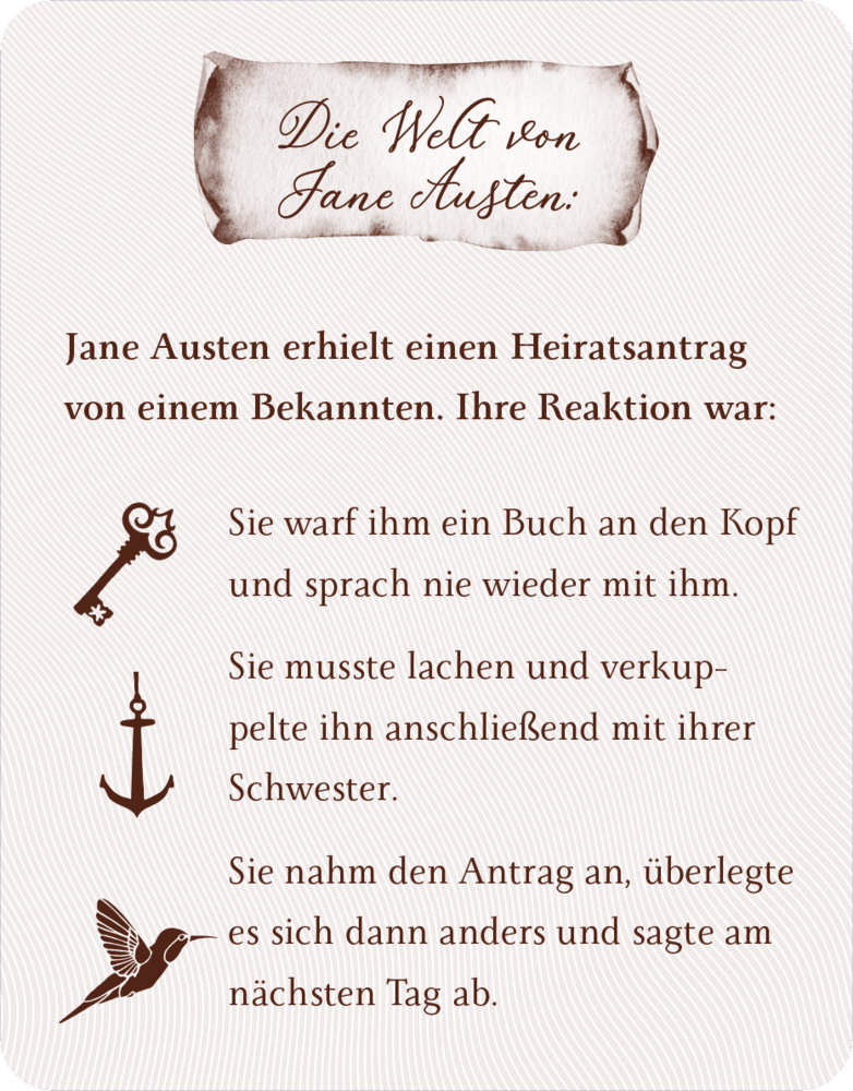Quizkarte zu Jane Austen, welche Reaktionhtte sie auf einen Heiratsantrag.