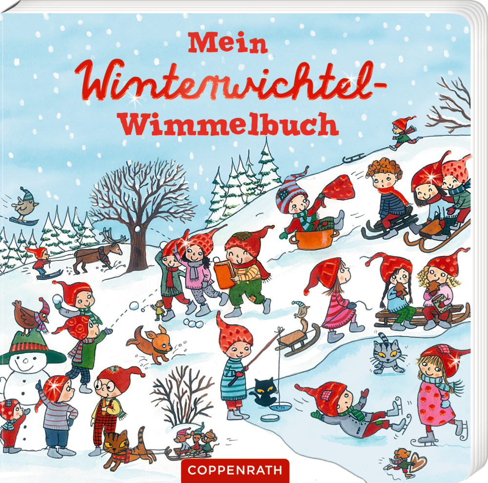 Kinder und Elfen rodeln, fahren Ski und bauen gemeinsam einen Schneemann in einer lebendigen Winterszene.