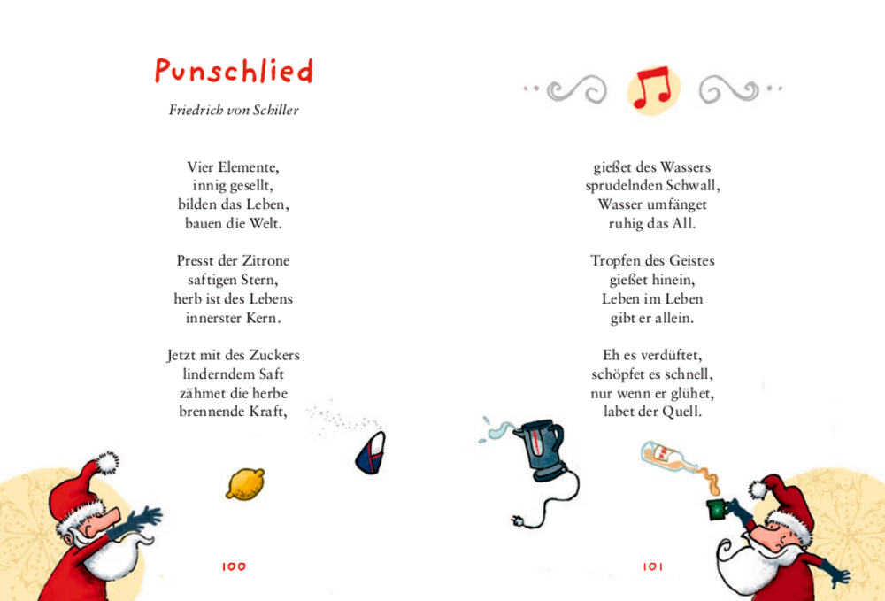 Zwei Weihnachtsmannfiguren werfen sich gegenseitig Punschzutaten und Punschutensilien zu; darüber steht das Gedicht Punschlied.