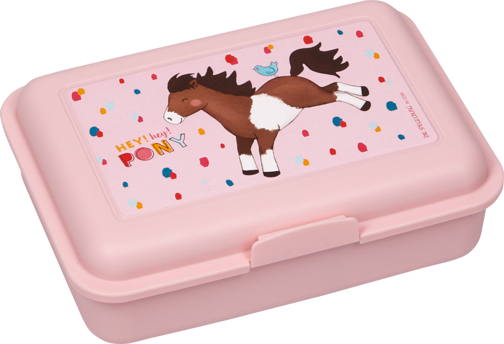 Kleine Butterbrotdose - Mein kleiner Ponyhof Rosa Lunchbox mit einem Cartoon-Pony, bunten Punkten und einem kleinen blauen Vogel auf dem Deckel.