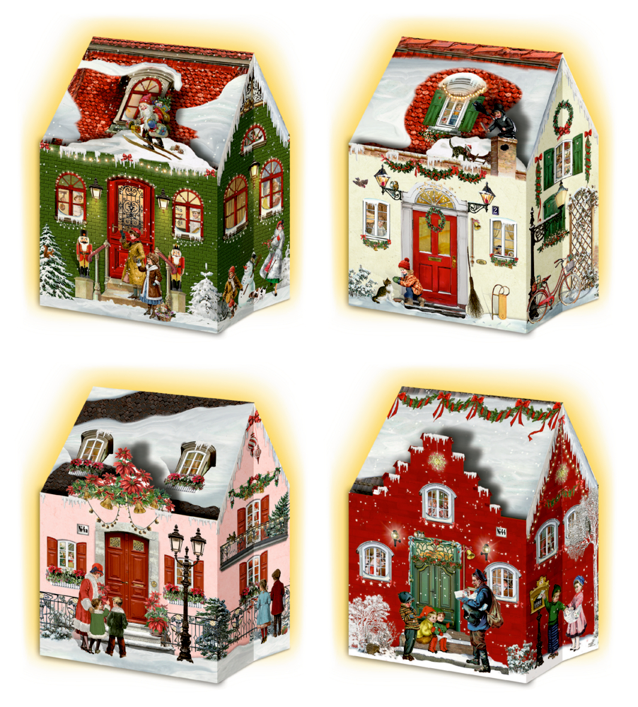 Vier festliche, schneebedeckte Hauskartons, dekoriert mit Feiertagsszenen und Menschen, die im Freien feiern.