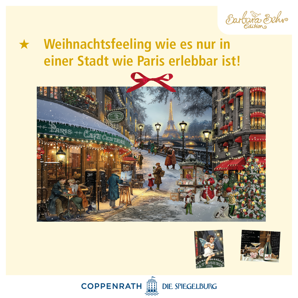 Winterliche Straßenszene in Paris mit Café, Passanten, Tannenbaum, Straßenlaternen und Eiffelturm im Hintergrund.