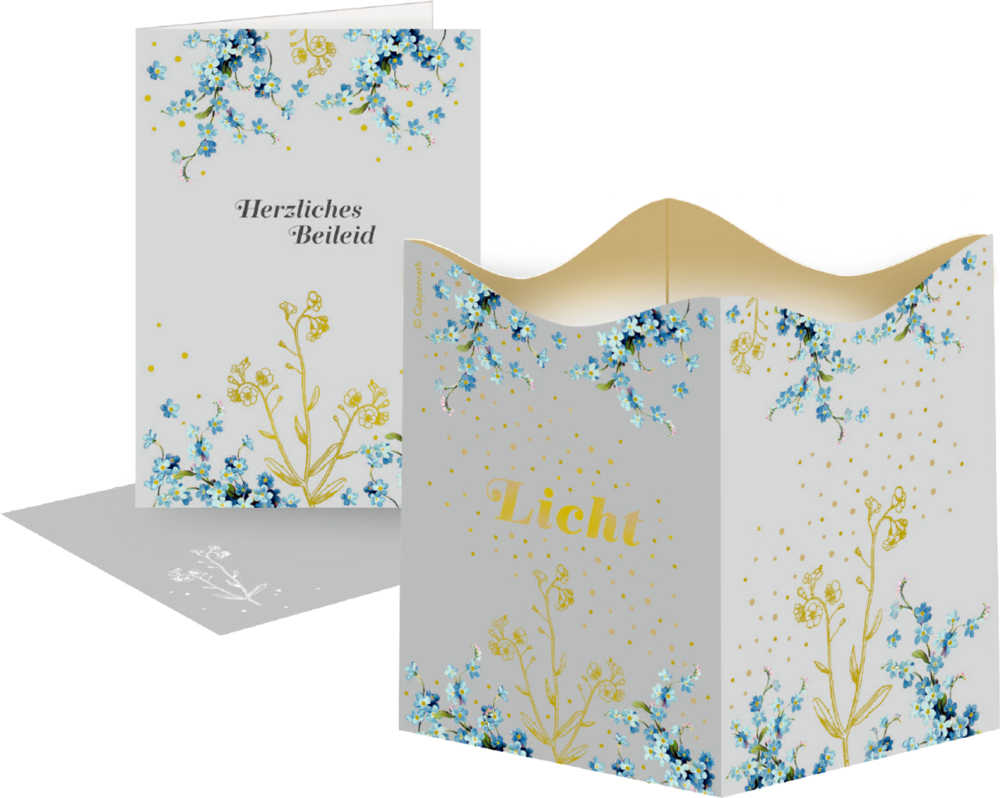 Windlicht-Trauerkarte - Vergiss mein nicht Beileidskarte und Windlicht mit blauen Blumen, goldenen Akzenten, Karten-Text: „Herzliches Beileid“, Windlicht-Text: „Licht“.