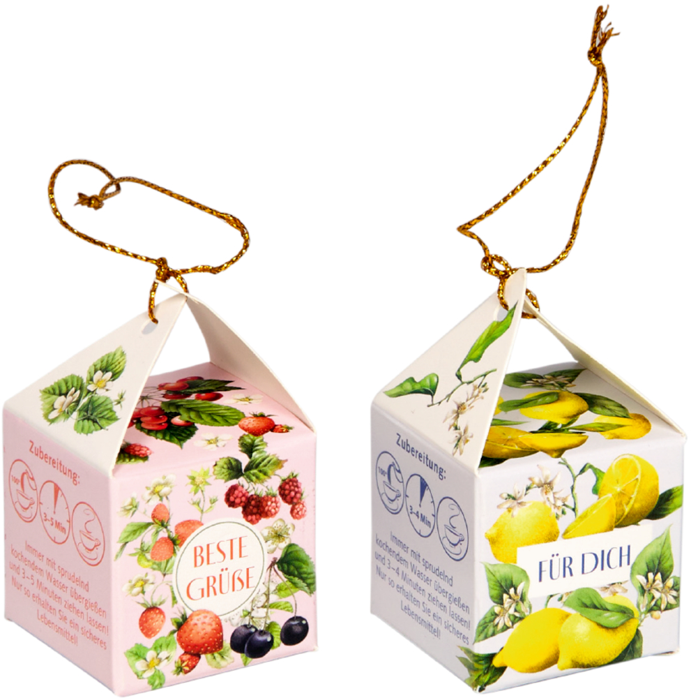 Zwei kleine Boxen mit Fruchtmotiven, eine mit Beeren und dem Aufdruck Beste Grüße, eine mit Zitronen und dem Aufdruck Für Dich.