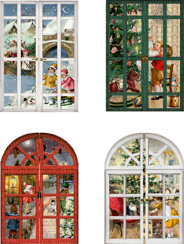 Vier illustrierte Fenster zeigen Weihnachtsbäume, Kinder, Schnee und festliche Feiertagsaktivitäten.