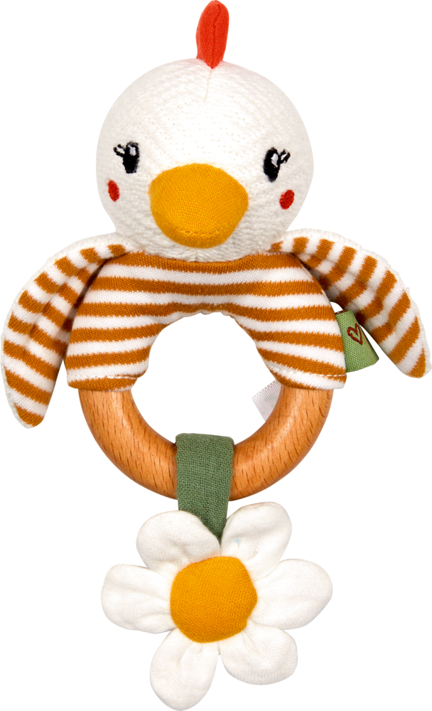 Holz-Ringrassel Huhn - Little Wonder Plüschrassel in Form eines Huhns mit gestreiften Flügeln, einem Holzring und einer unten befestigten Stoffgänseblume.