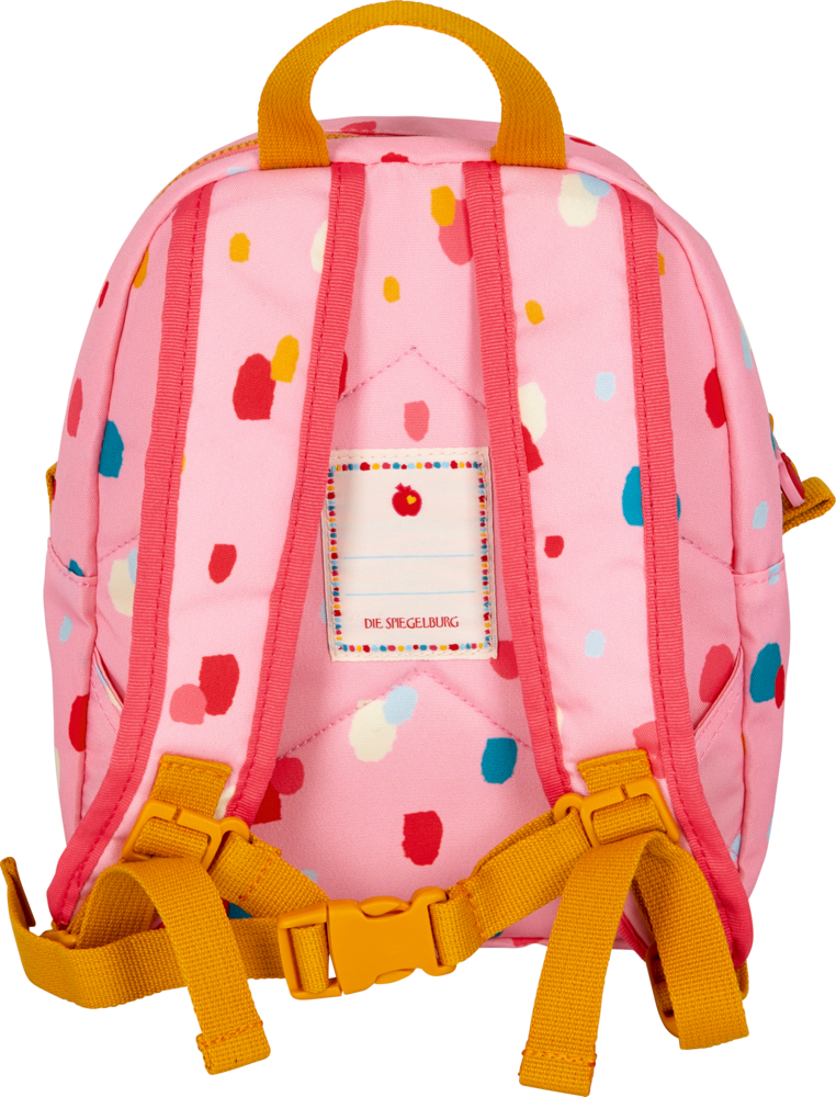 Rosa Kinderrucksack mit bunten Punkten und gelben Trägern, von hinten betrachtet.