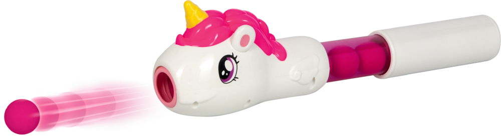 Einhorn Schaumstoffball-Shooter schießt pinken Schaumstoffball.
