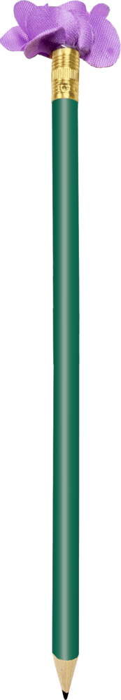 Grüner Bleistift mit goldener Metallfassung und violetter Stoffblume an der Oberseite.