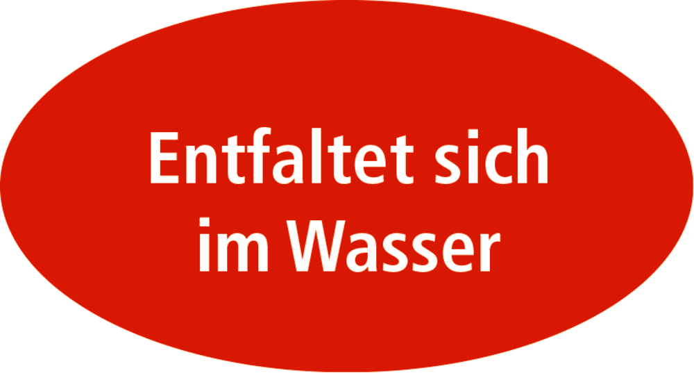 Rotes Oval mit weißem Text: Entfaltet sich im Wasser.