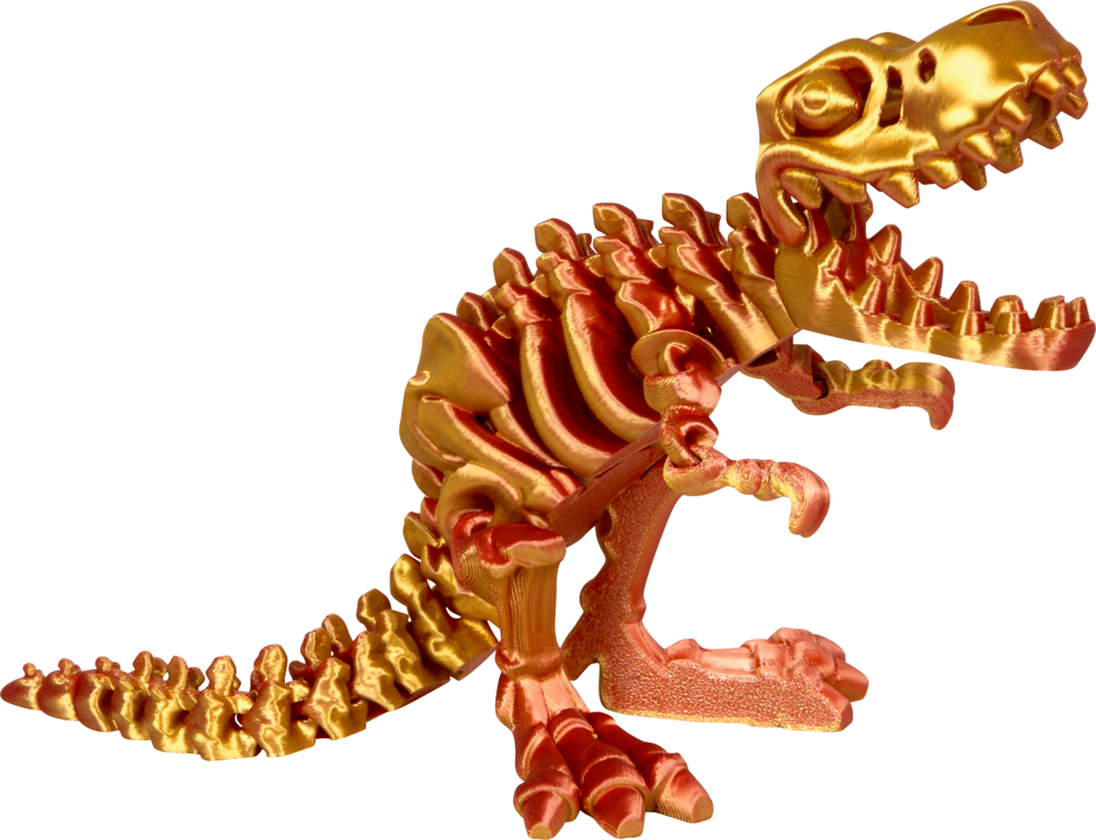 gelb/orange, Kristalltier T-Rex Skelett - T-Rex World Das goldorangefarbene Spielzeug-Dinosaurierskelett steht aufrecht mit offenem Mund auf weißem Hintergrund.