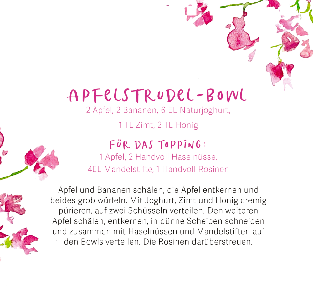 Apfelstrudel-Rezept mit Zutaten und Schritte auf einer Seite mit rosa Aquarellblumen in den Ecken.