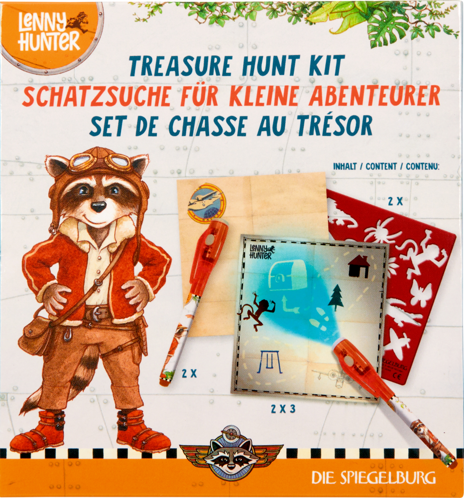 Schatzsuche für kleine Abenteurer - Lenny Hunter Schatzsuchset für Kinder mit Cartoon-Waschbär, Karten, roten Karten und Stiften.