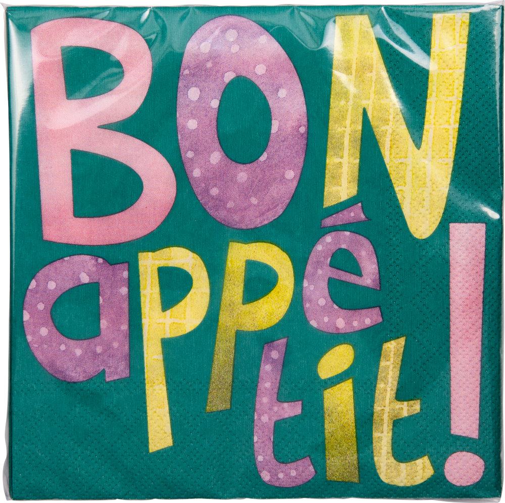 Bunte Buchstaben auf grünem Hintergrund zeigen den Text BON appétit! in großen, verspielten Lettern.