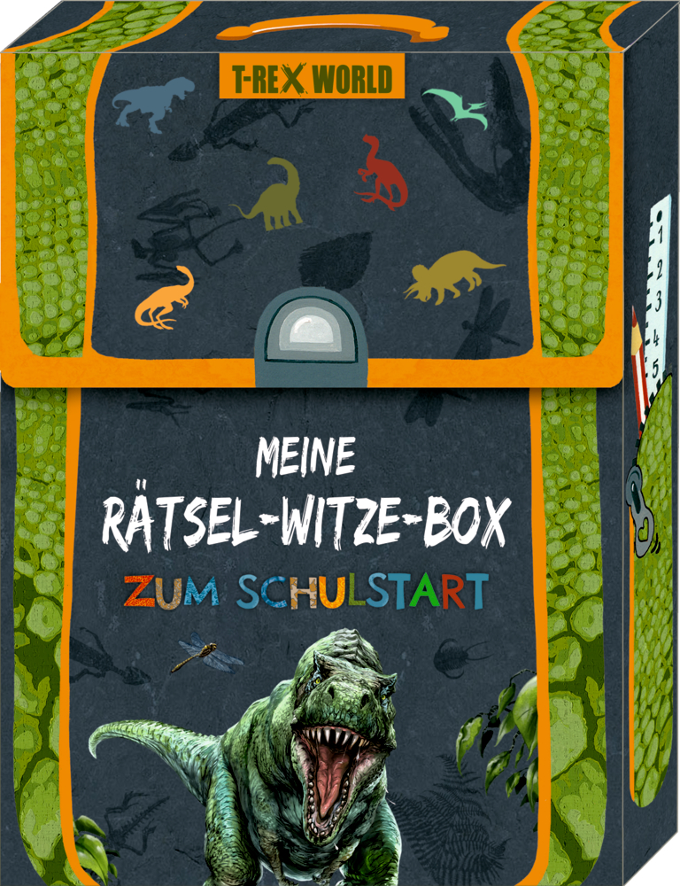 Eine Box mit Dinosauriern, Aufschrift Meine Rätsel-Witze-Box zum Schulstart, abgebildeter brüllender T-Rex.