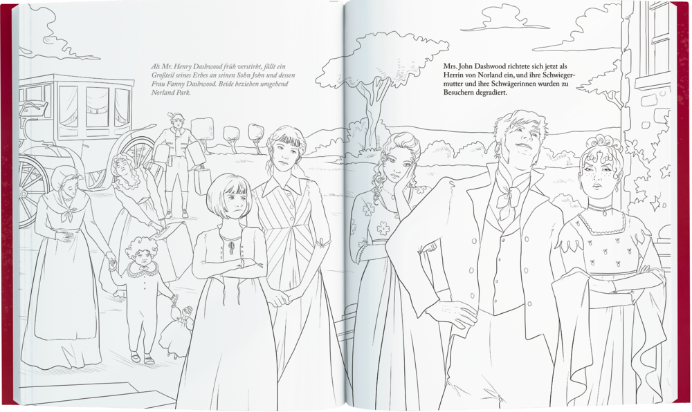 Mehrere Personen in Regency-Kleidung posieren teils ernst, teils lächelnd draußen neben einer Kutsche.