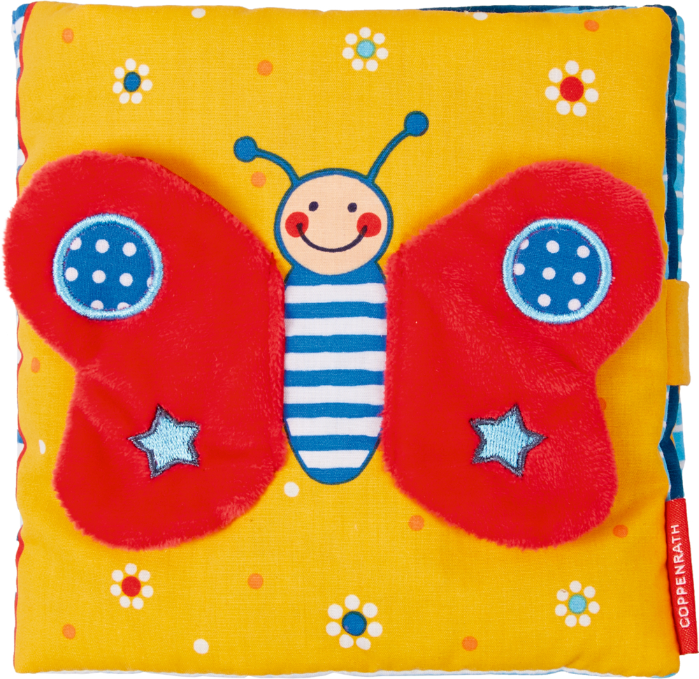 Mein kuschelweiches Spielbuch: Kleiner Schmetterling Stoffschmetterling mit roten Flügeln und lachendem Gesicht auf gelbem Hintergrund.