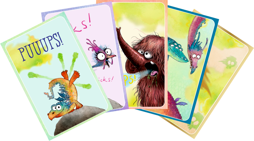 Fünf bunte Cartoon-Karten zeigen witzige Tiere mit verspielten Ausdrücken, darunter einen furzenden Drachen.