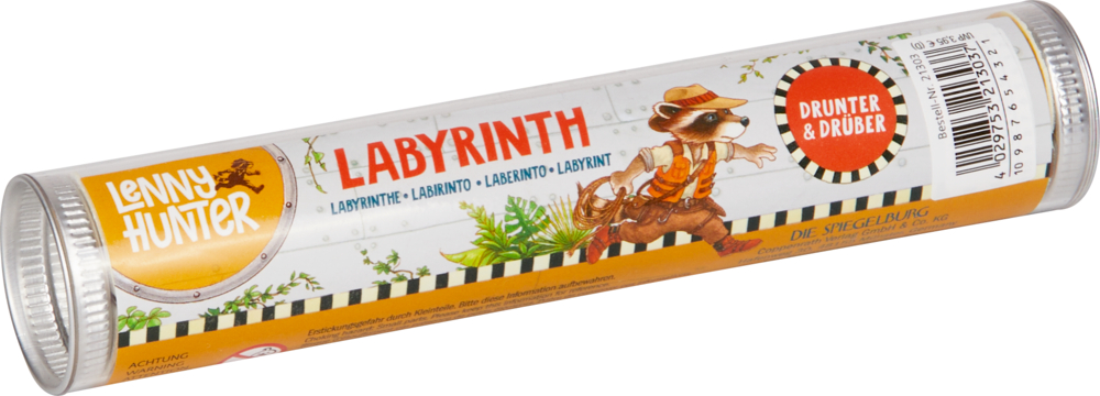Zylindrisches Labyrinthspielzeug mit einem braunen Pfad, in dem sich kleine Metallkugeln und Löcher befinden.