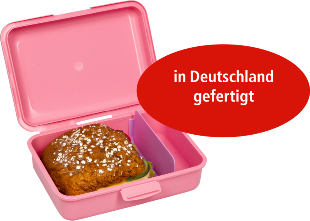 Eine rosa Lunchbox mit einem Brötchen. Ein rotes Etikett trägt den Text: in Deutschland gefertigt.
