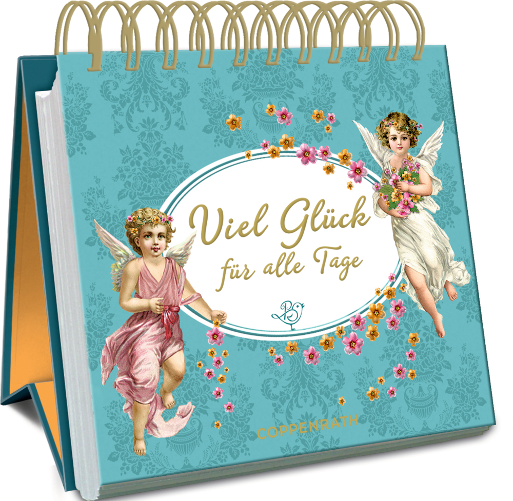 Blauer Spiral-Tischkalender mit zwei nostalgischen Engeln und dem Text Viel Glück für alle Tage.