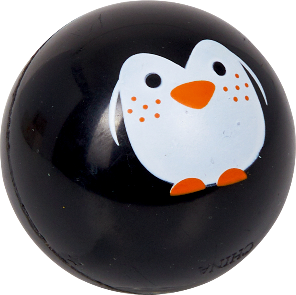 Schwarzer Flummi mit einem süßen weißen Pinguin mit orangefarbenem Schnabel und Füßen.