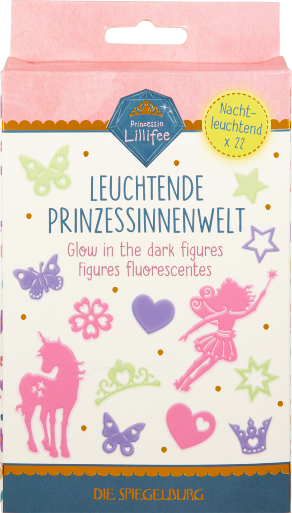 Prinzessin Lillifee Glow-in-the-Dark-Figuren: Fee, Einhorn, Sterne & Herzen auf der Schachtel.