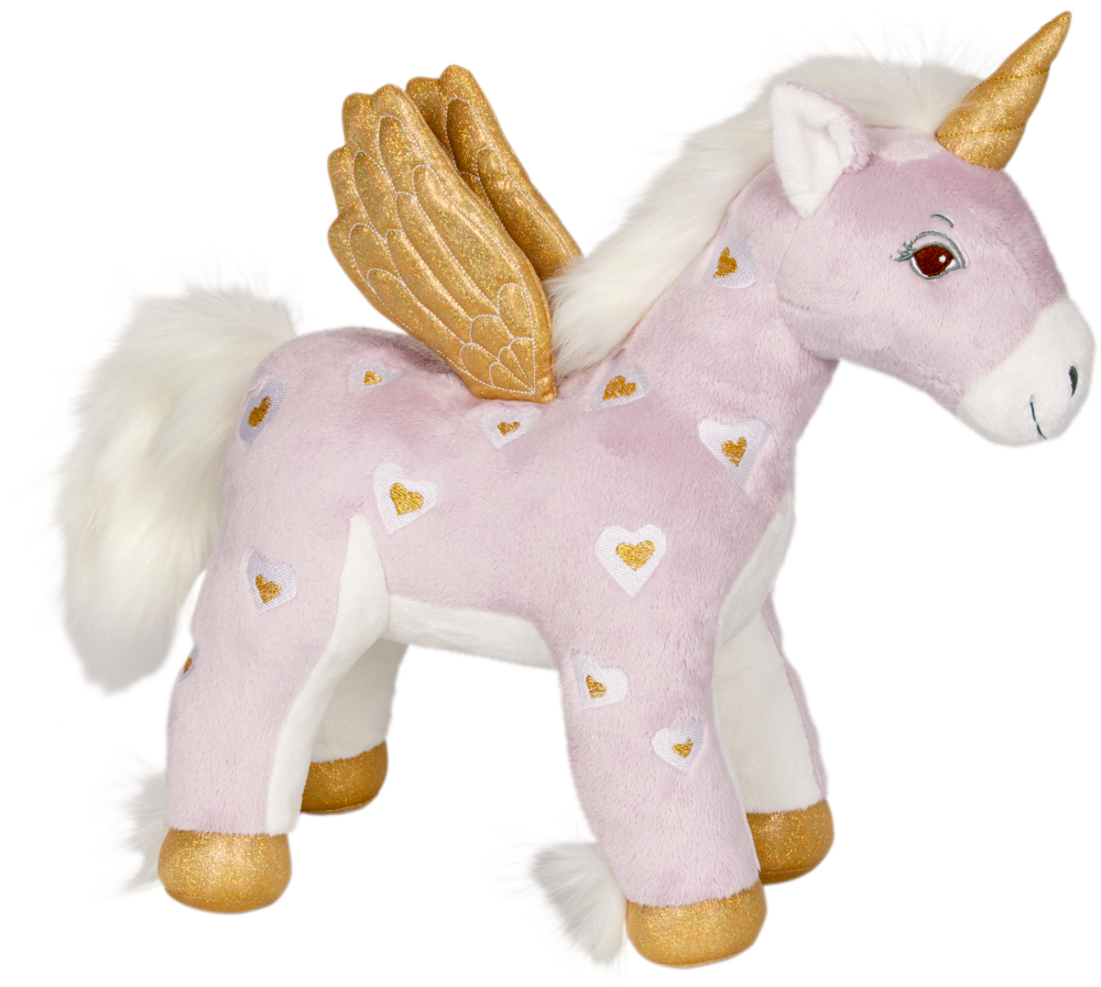 Einhorn Holly, groß - Einhorn-Paradies Plüschiges rosa Einhorn mit goldenen Flügeln, Horn, Hufen und weißem Herzmuster auf dem Körper.