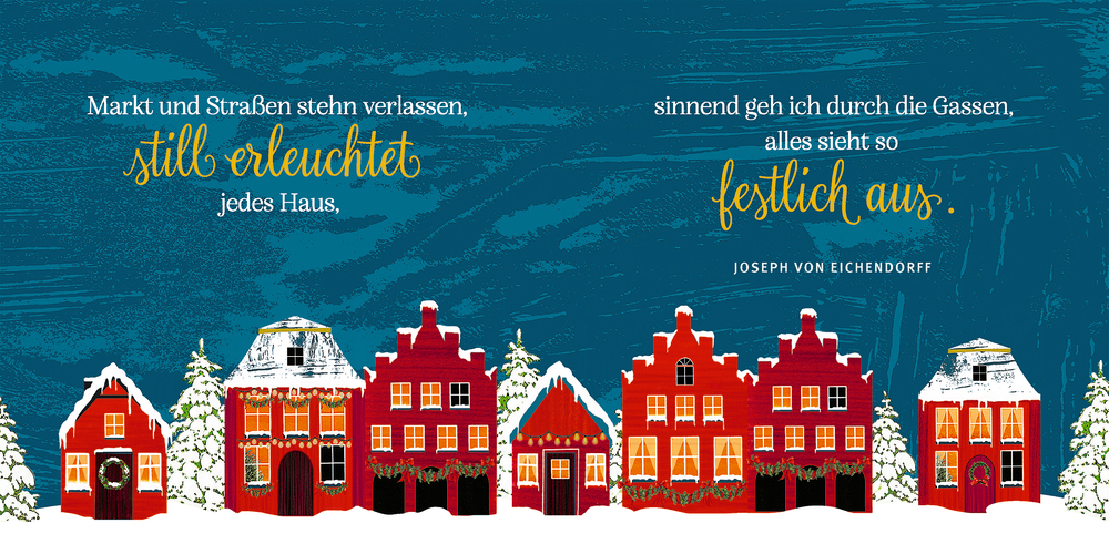 Doppelseite mit verschneiten, dekorierten Häusern bei Nacht mit festlichem Text darüber in fröhlicher Schriftart.