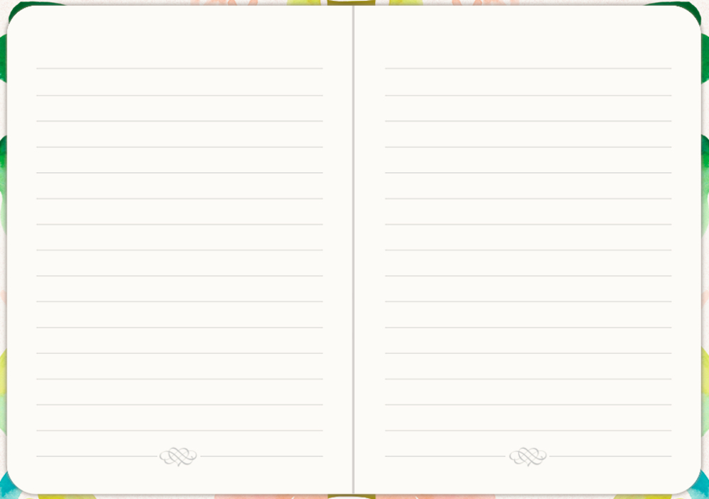 Notizbuch mit Linien und bunt geblümtem Rand, Seiten leer.