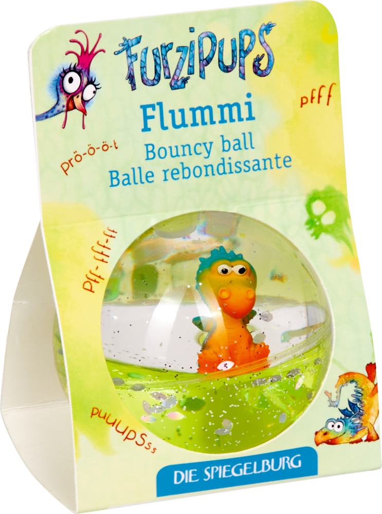 Verpackter Furzipups-Flummi mit einem kleinen orange-blauen Cartoon-Wesen im Inneren.