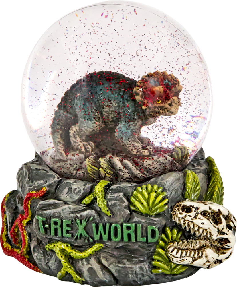 Schneekugel mit Triceratops, Schriftzug T-REX WORLD, Dinosaurierschädel und Pflanzen am Sockel.