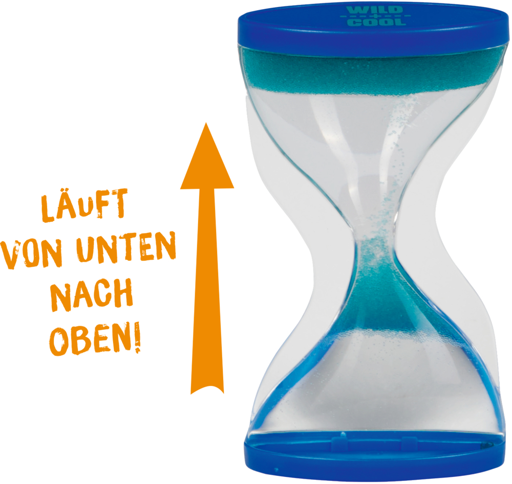 Blaue Sanduhr mit Flüssigkeit. Oranger Pfeil nach oben und Text: Läuft von unten nach oben!