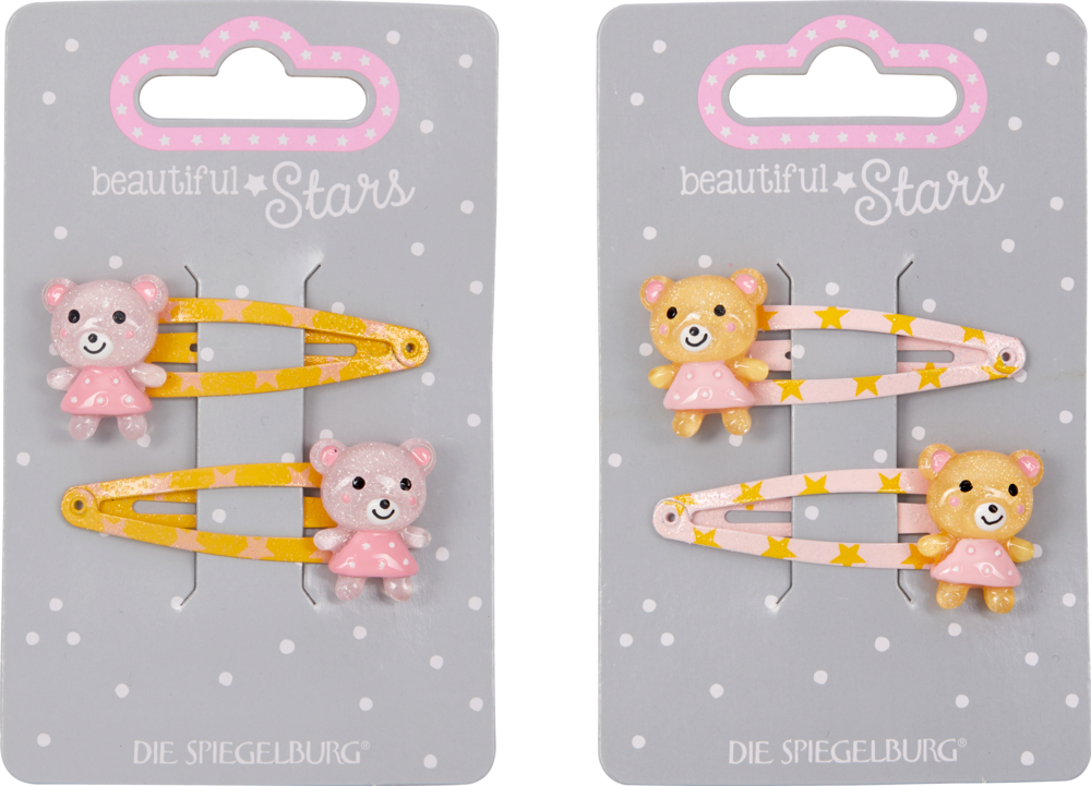 Haarclip Bunte Bärchen - beautiful Stars Zweimal zwei Haarspangen mit rosa und organgefarbenen Bärenmotiven auf grauen Karten mit weißen Punkten.