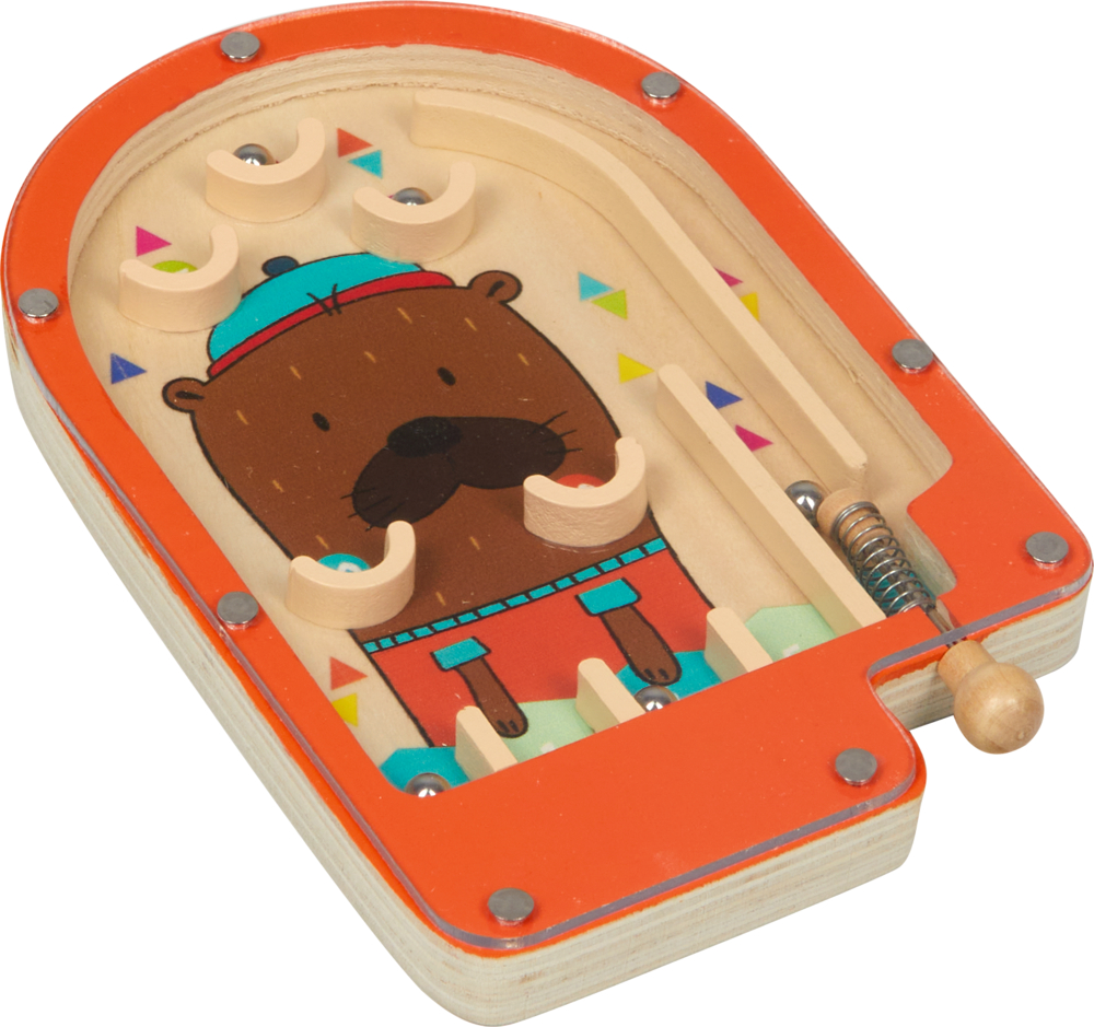 Flipperspielzeug aus Holz mit einem Bären mit Hut und Overall, verziert mit bunten geometrischen Formen.