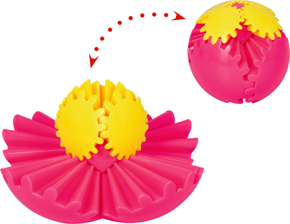 Der rosa-gelbe Spielzeugball lässt sich flach öffnen und verwandelt sich in eine Blumenform, wie durch einen Pfeil angezeigt.
