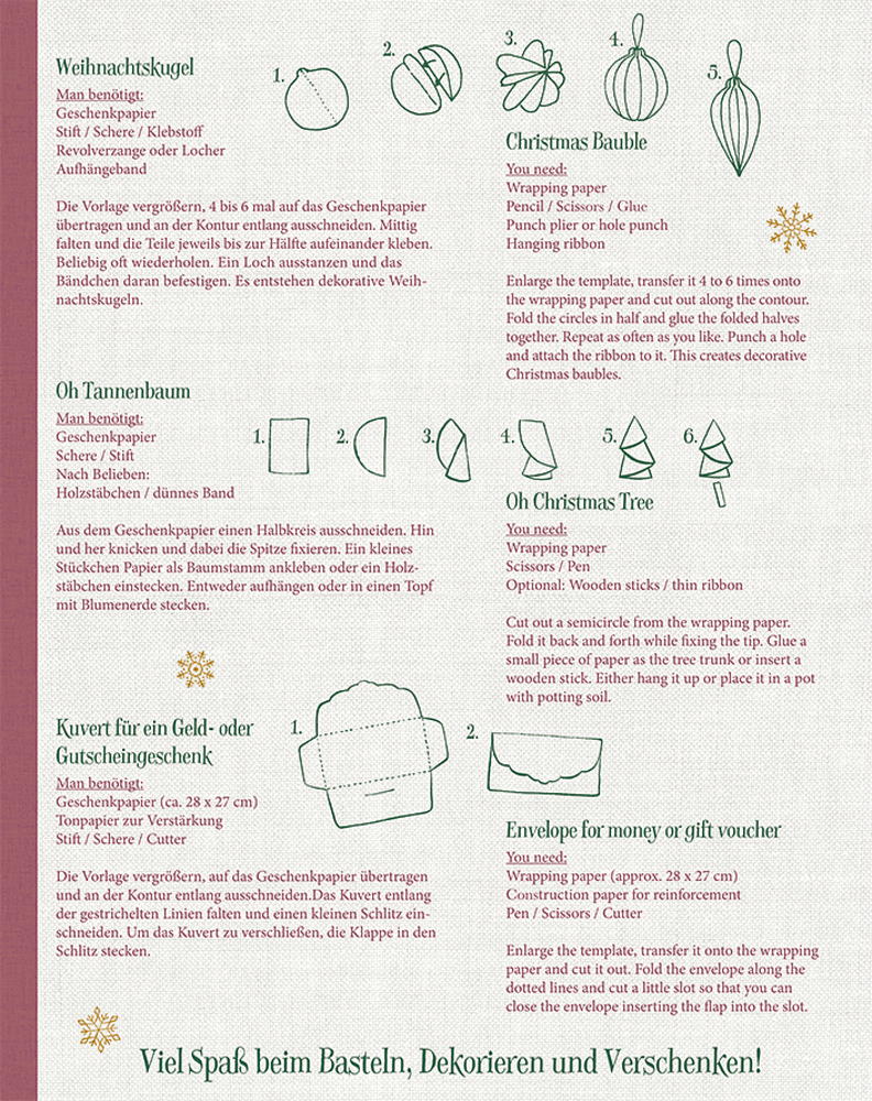 Bastelanleitung in Deutsch und Englisch mit Vorlagen und Skizzen für Weihnachtskugel, Papier-Tannenbaum und Umschlag aus Geschenkpapier.