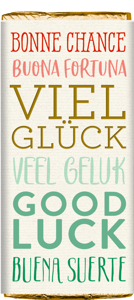 Schokoladentafel-Verpackung mit „Viel Glück“ in sechs Sprachen, bunt gestaltet.