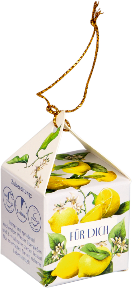 Kleine, verzierte Box mit Zitronen und Blumen, Aufschrift FÜR DICH, goldene Aufhängeschnur.