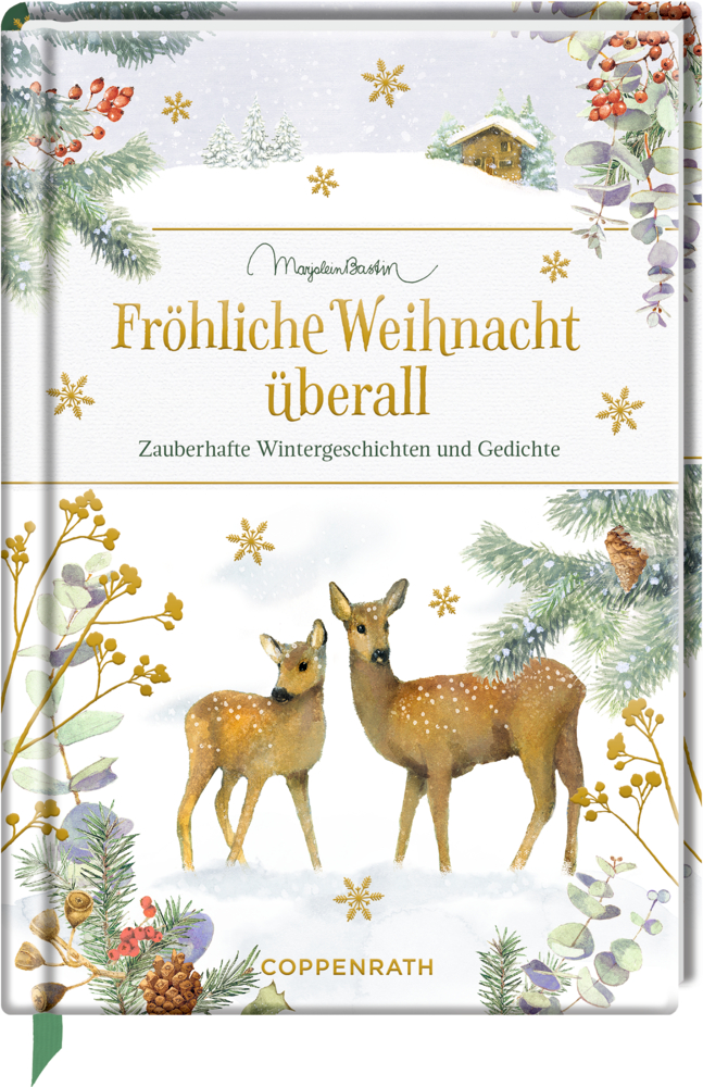 Buchcover mit zwei Hirschen im verschneiten Wald mit festlichem Dekor und dem Titel „Fröhliche Weihnacht überall“ in eleganter Schrift.