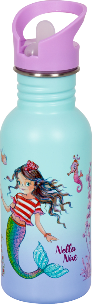 Edelstahlflasche - Nella Nixe (ca. 0,5 l) Türkisfarbene Metallflasche mit violettem Deckel und Meerjungfrauenmotiv.