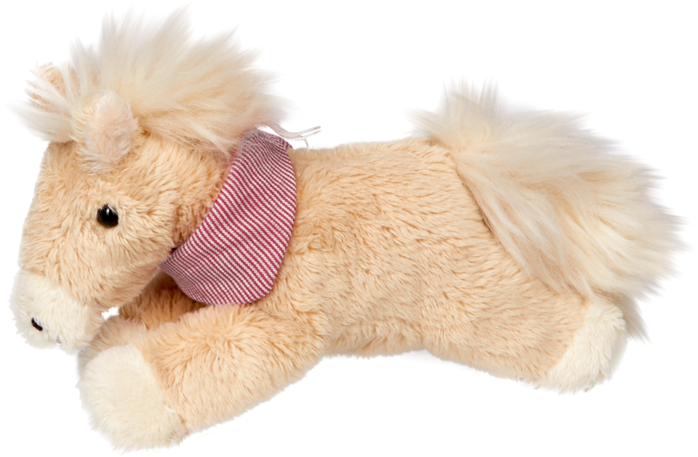 hellbraun (rotes Halstuch), Beanie Ed. 2 Mein kleiner Ponyhof  Beiges Plüschpferd mit flauschiger Mähne und Schweif, das ein rot-weiß gestreiftes Halstuch um den Hals trägt.
