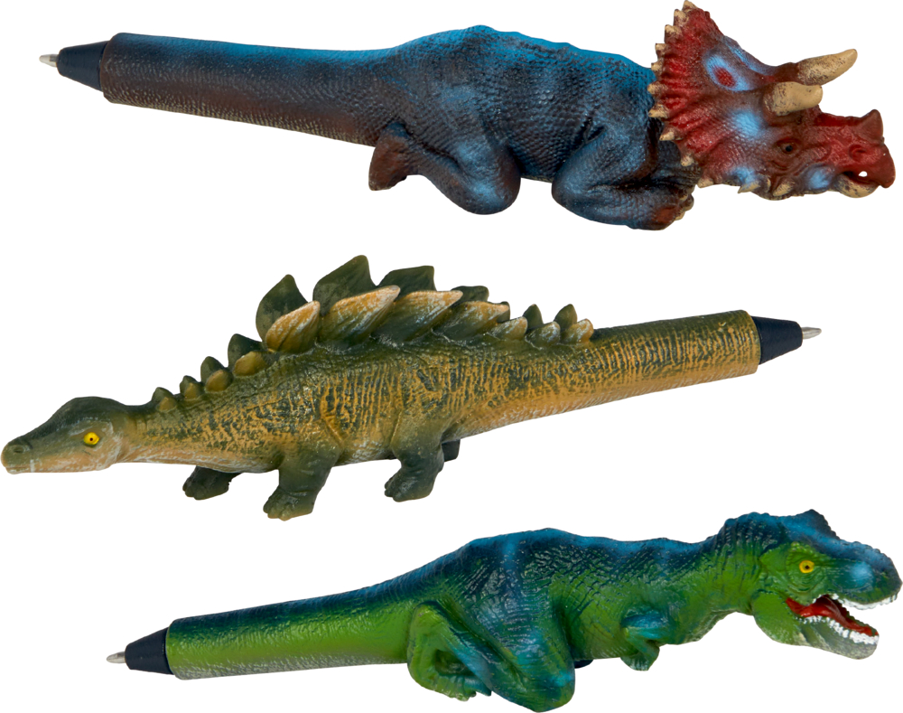 Drei Stiften in Dinosaurierform: Triceratops, Stegosaurus und Tyrannosaurus Rex.