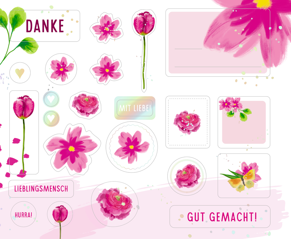 Rosa Blumenaufkleber und Etiketten mit Wörtern wie „Danke“ und „Gut gemacht“ auf weißem Hintergrund.