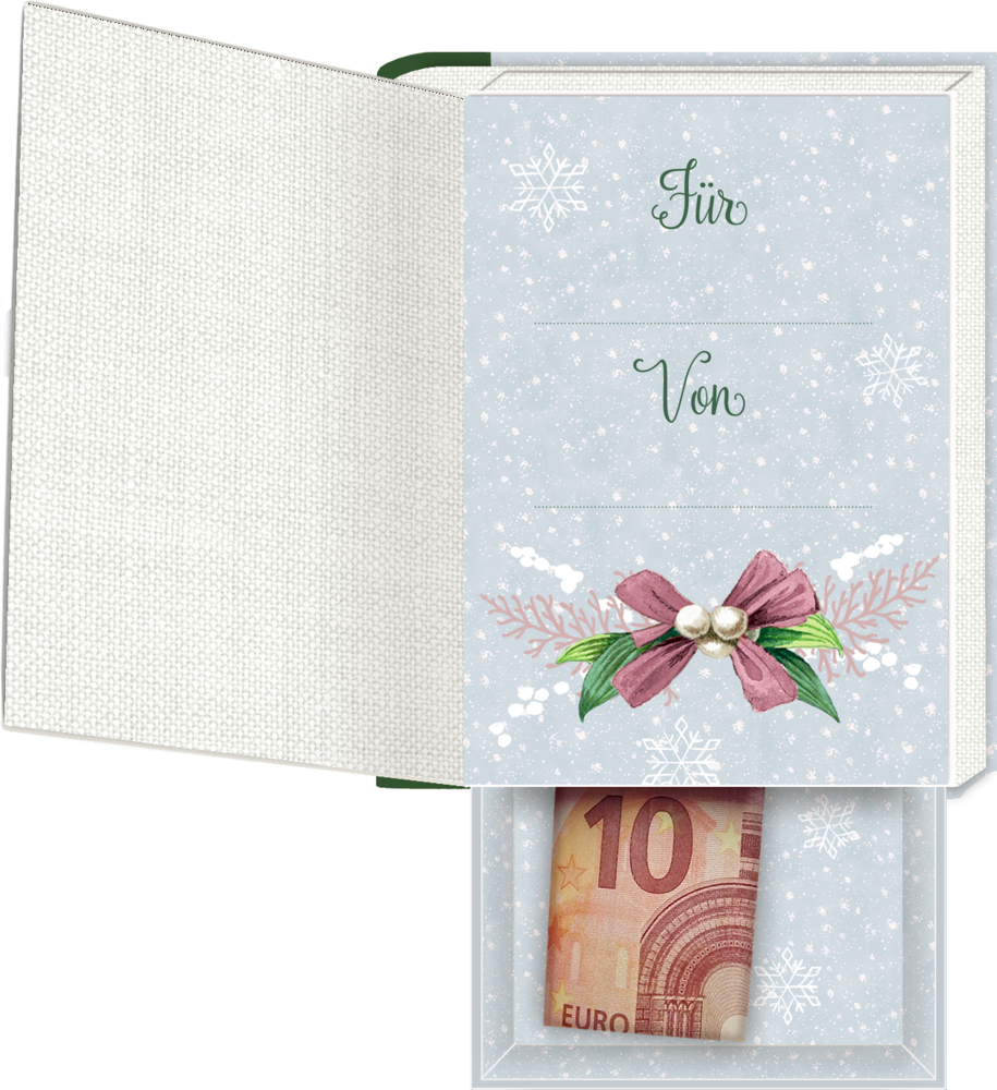 Aufklappbare Geschenkverpackung mit winterlichem Design, Beschriftung „Für“ und „Von“ sowie einem Fach mit einem 10-Euro-Schein.